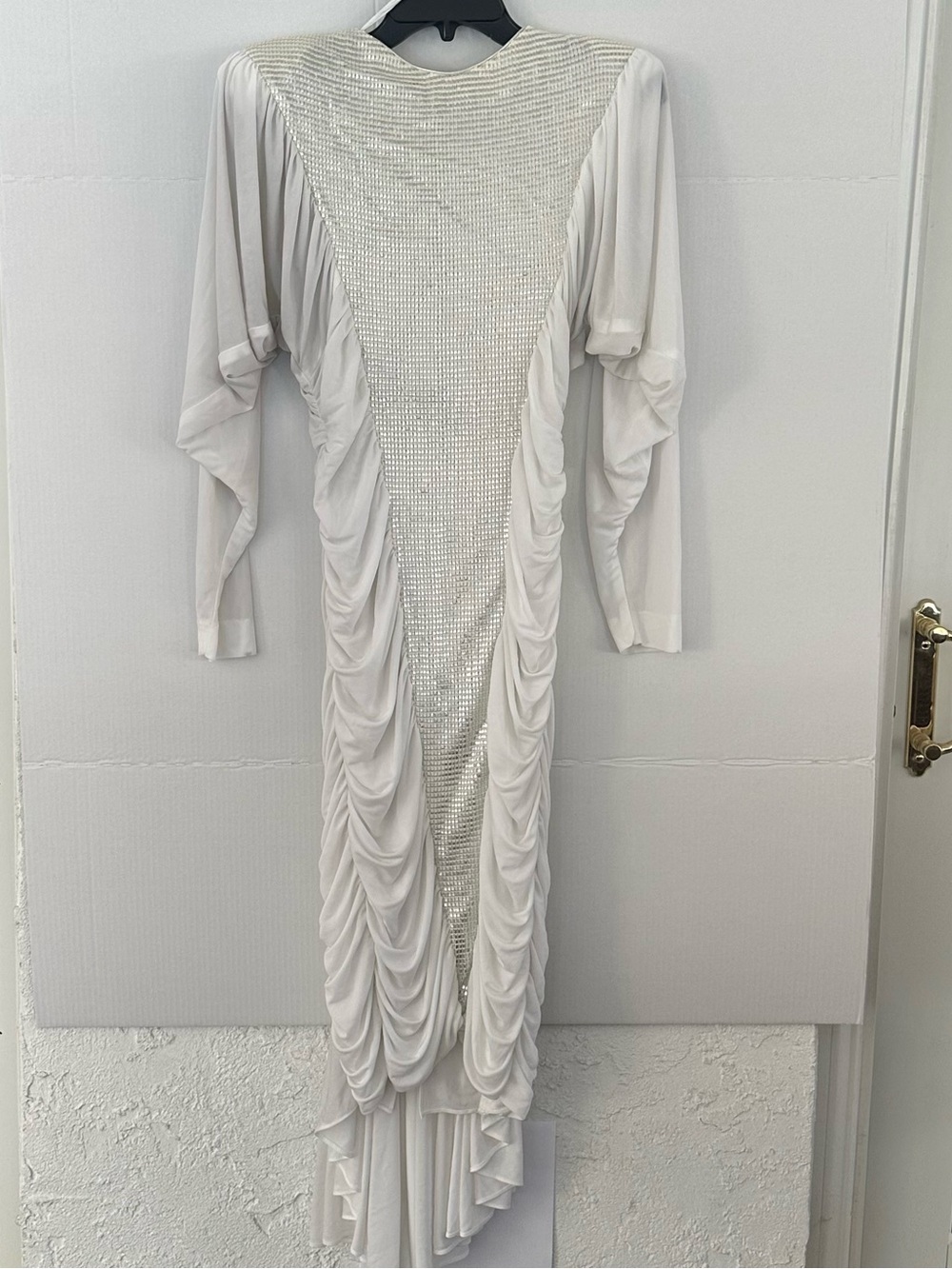Elegant White Ruched Evening Dress with Crystal Panel